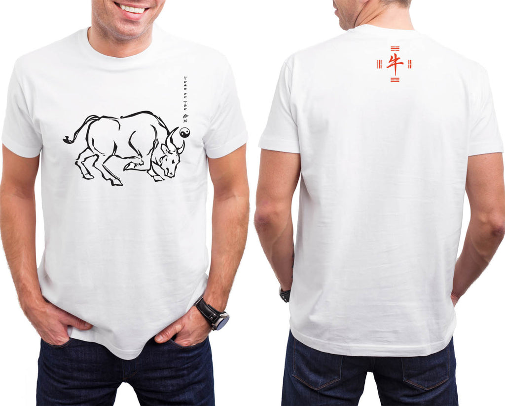 Year of the Ox Hi-NRG Asian Oriental Zodiac White T-shirt Birth Years: 1937, 49, 61, 73, 85, 97, 2009, 2021 FREE GREETING CARD W/ORDER