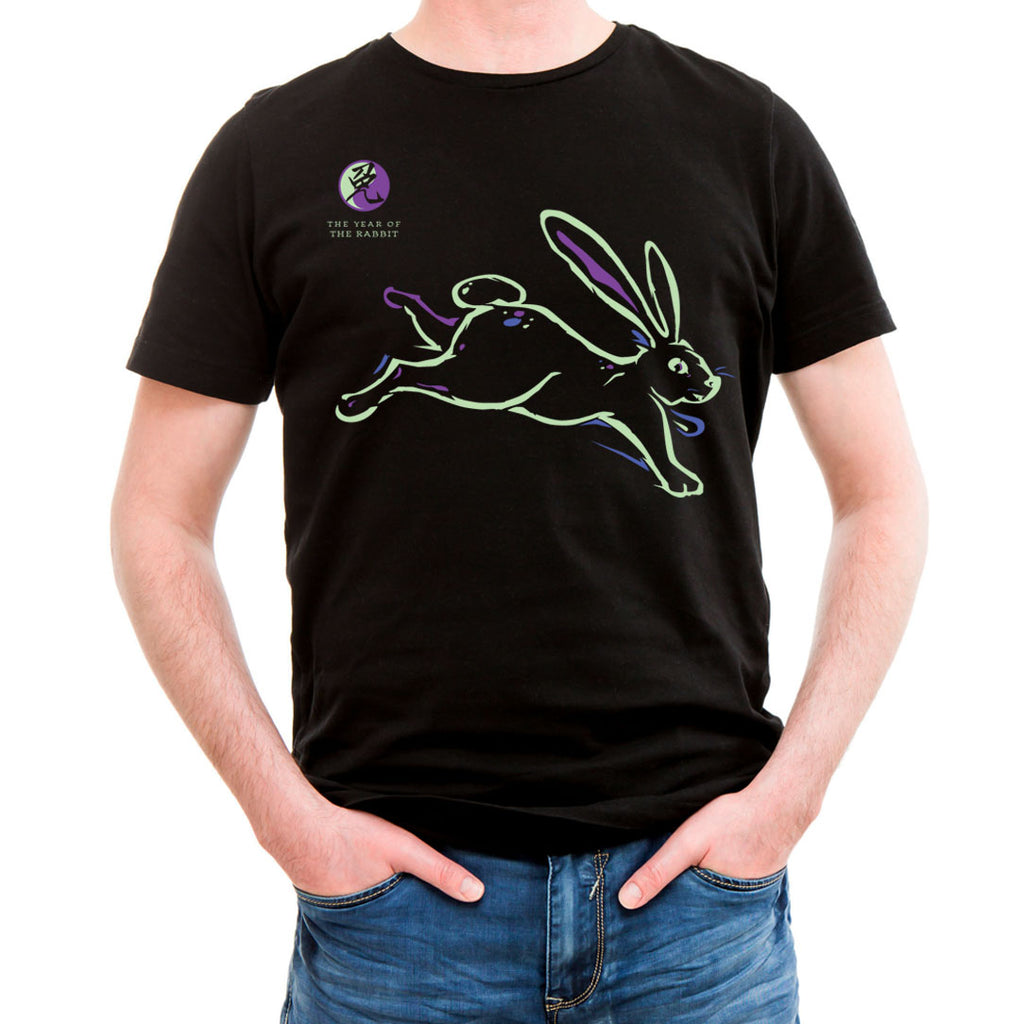Year of the RABBIT, Asian Oriental Zodiac Neon-NRG Black T-Shirt, Born: 1939, 51, 63, 75, 87, 99, 11, 2023 + FREE RABBIT GIFT CARD