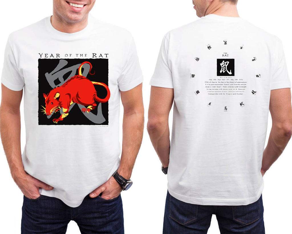 Year of the Rat, Classic white t-shirt Oriental Chinese Asian Birth Years: 1936, 48, 60, 72, 84, 96, 08, 2020 FREE GREETING CARD W/ORDER