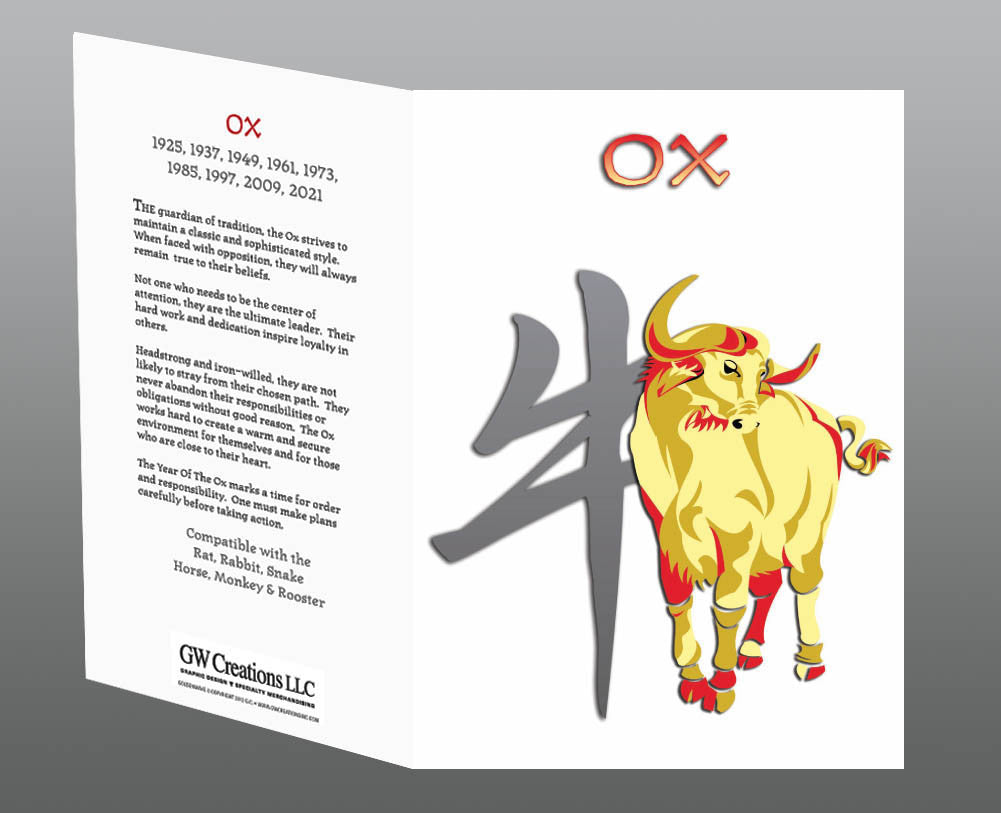 Year of the Ox Greeting Cards (2pk or 12pk) Birth Years: 1937, 49, 61, 73, 85, 97, 09, 2021