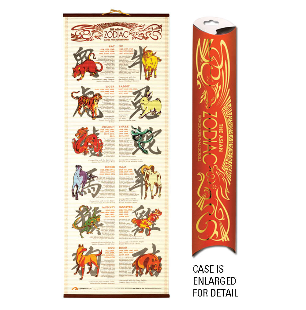 Asian Chinese Oriental Complete Zodiac Horoscope Bamboo Style Hanging Wall Scroll w gift case